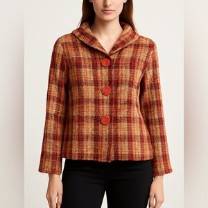 An Ren Red And Orange Plaid Tweed Jacket with Oversized Buttons